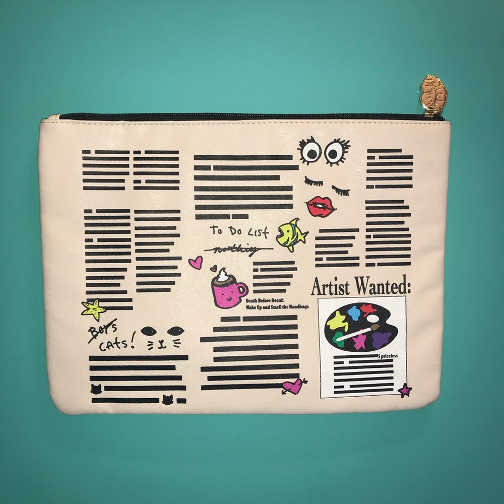 Betsey Johnson Pouch Nyc Newspaper Print Pink Gem
